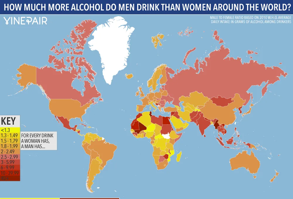 KART: Hvor mye mer alkohol drikker menn enn kvinner i alle land rundt om i verden?