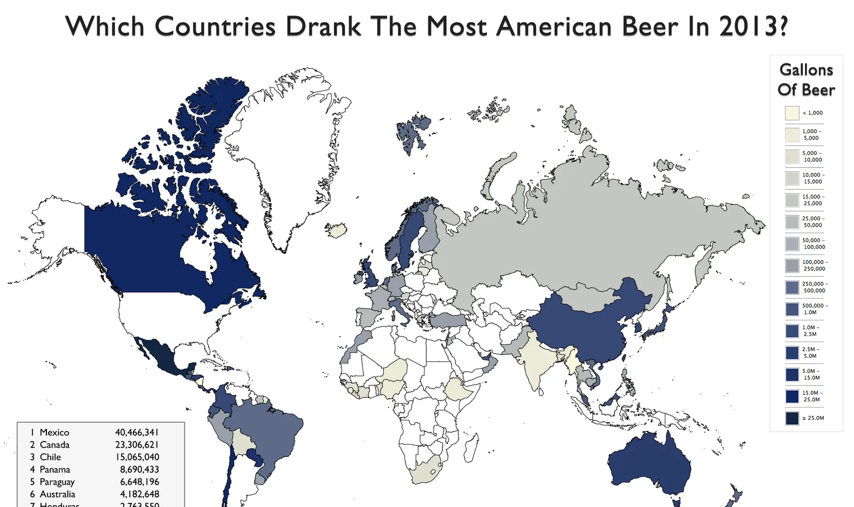 MAPPA: Quali Paesi hanno bevuto più birra americana nel 2013?