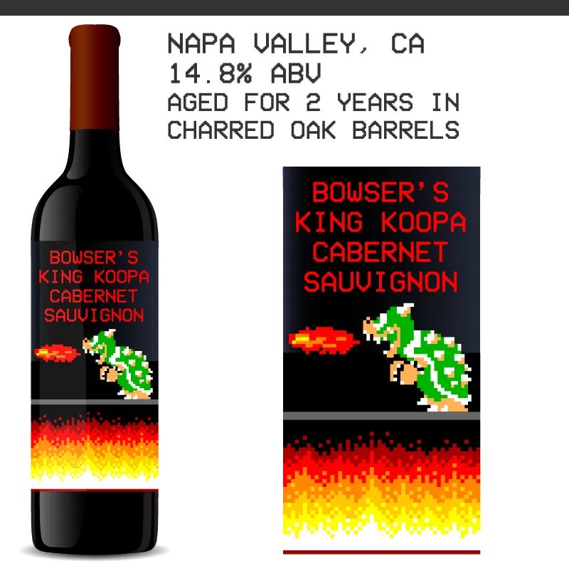 6 klasiskās Nintendo rakstzīmes, kas pārveidotas par 8 bitu vīna etiķetēm